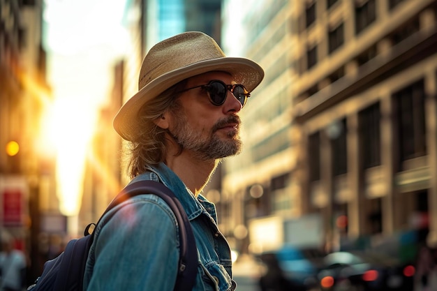 Foto un hombre caminando por la calle en un día soleado con gafas de sol y un sombrero