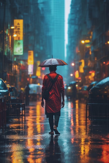 Hombre caminando por una calle empapada de lluvia