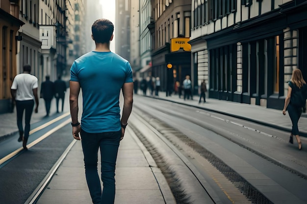 Un hombre caminando por una calle con un letrero amarillo que dice 'la palabra' en él '