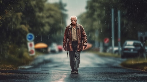 Un hombre caminando por la calle bajo la lluvia.