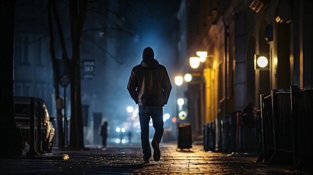 un hombre caminando por una calle de noche