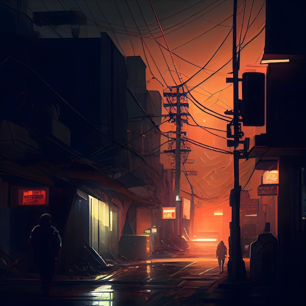 Hombre caminando en una calle nublada por la noche renderizado 3d