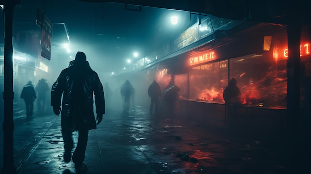 un hombre caminando por una calle oscura por la noche