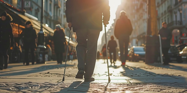 Foto hombre caminando por la calle con palos de esquí