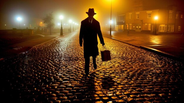 un hombre caminando por una calle pavimentada por la noche