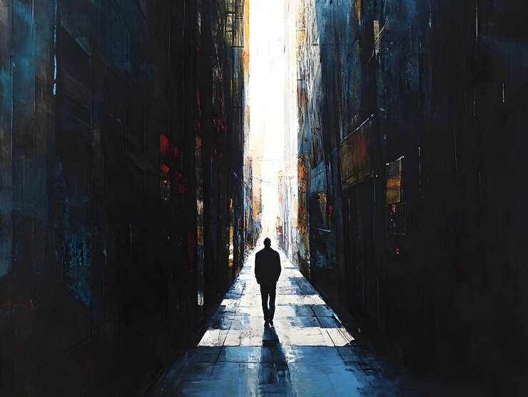 un hombre caminando por un callejón con la luz del sol suavemente iluminar a través de los edificios altos