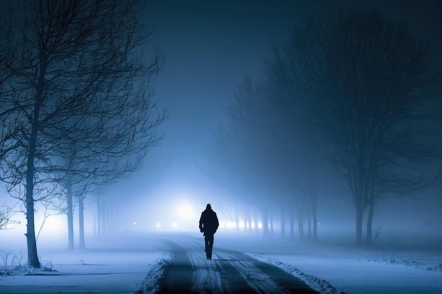 Un hombre caminando por un camino nevado con una luz en el lado izquierdo