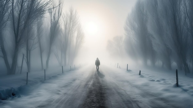 Un hombre caminando por un camino nevado con el sol brillando a través de la niebla.