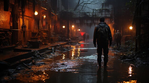 Un hombre caminando por un camino oscuro inundado de agua en un edificio abandonado