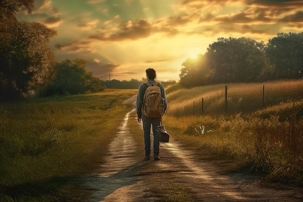 Un hombre caminando por un camino de tierra con una maleta en la mano.