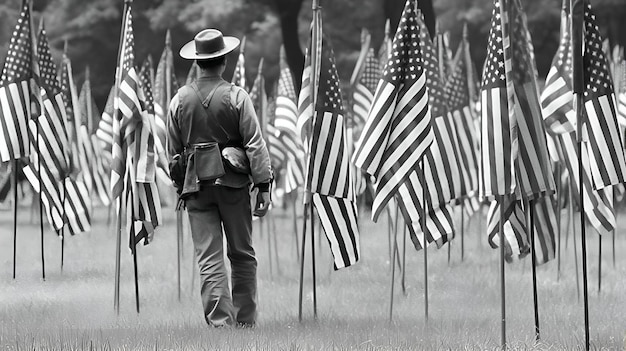 Foto hombre caminando por un campo de banderas