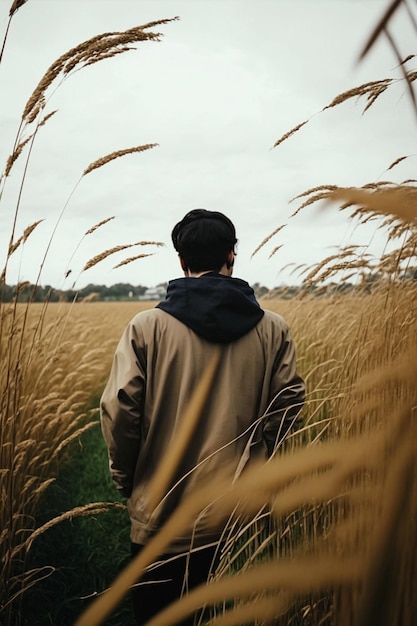 Un hombre caminando por un campo de hierba dorada.