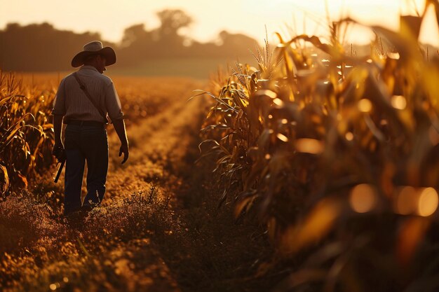 Foto un hombre caminando por un campo de maíz ia generativa