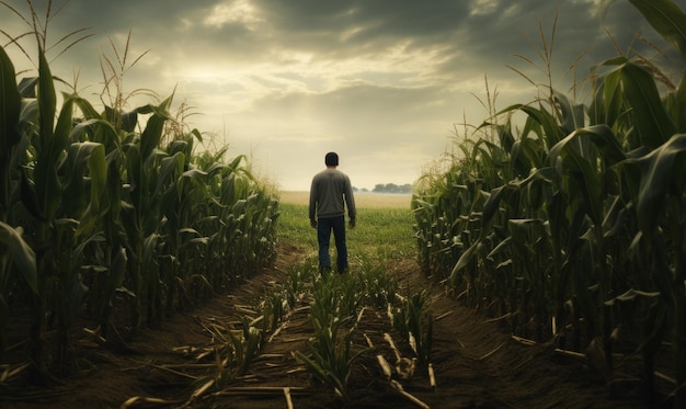 Hombre caminando por un campo de maíz rural