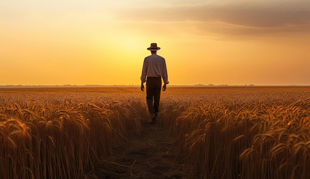 un hombre caminando por un campo de trigo al atardecer al estilo de amarillo y ámbar