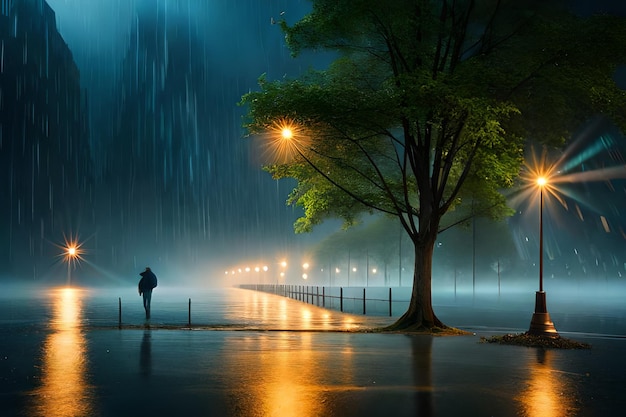 Un hombre caminando por una carretera mojada bajo la lluvia