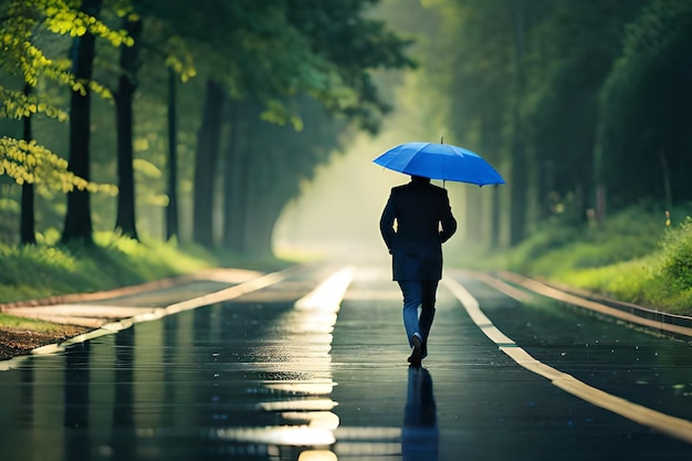 Un hombre caminando por una carretera mojada con un paraguas.