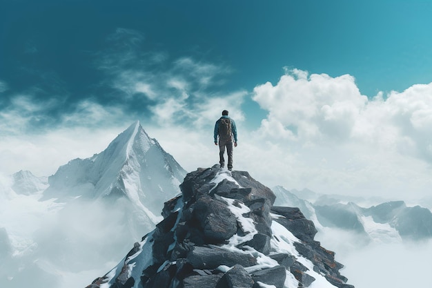 Un hombre caminando por la cima de una montaña