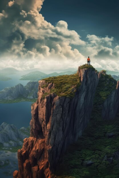 Foto hombre caminando en la cima de un pico de montaña rocosa paisaje de viaje ilustración realista arte generativo de ia