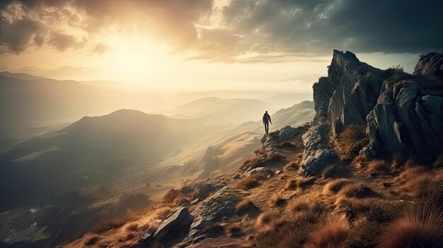 Foto hombre caminando en la cima de un pico de montaña rocosa paisaje de viaje ilustración realista arte generativo de ia