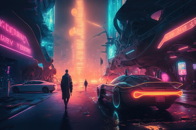 Hombre caminando por la ciudad futurista digital dentro del metaverso con coches futuristas y luces de neón