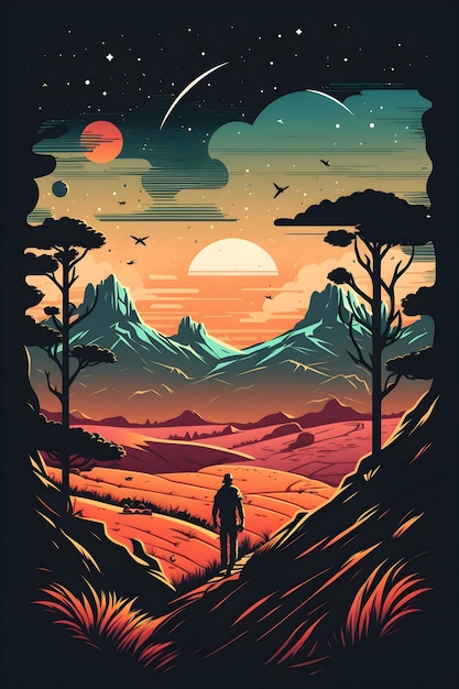 Un hombre caminando en un desierto con una puesta de sol de fondo.