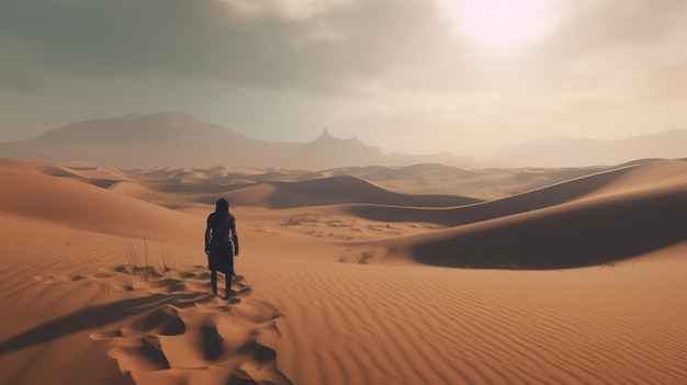 Un hombre caminando en el desierto con una puesta de sol de fondo.