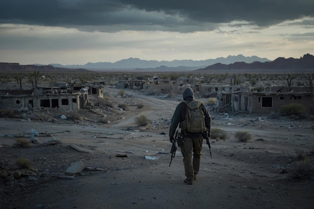 Hombre caminando en el desierto con ruinas abandonadas