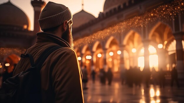 Un hombre caminando en dirección a una mezquita al anochecer AI generativa