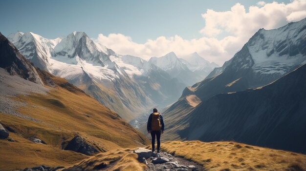 un hombre caminando en un hermoso paisaje