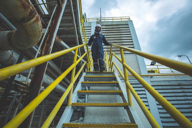 Hombre caminando por la inspección de la escalera