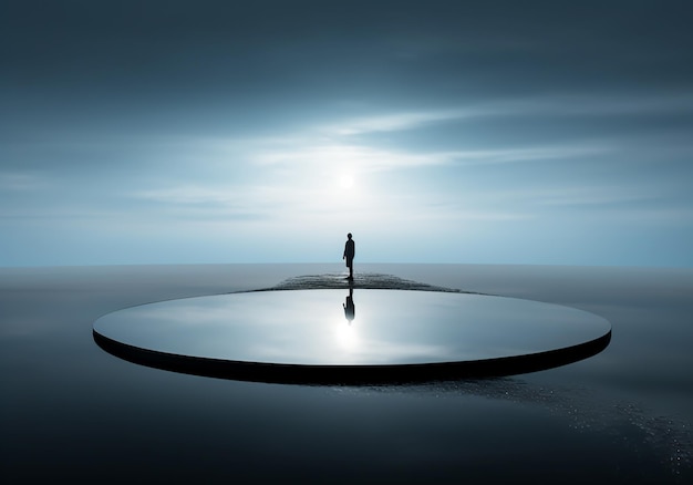Foto hombre caminando lentamente luz y reflejos minimalismo estilo zen equilibrio gracioso ia generativa