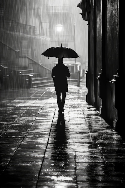 Un hombre caminando bajo la lluvia con un paraguas.