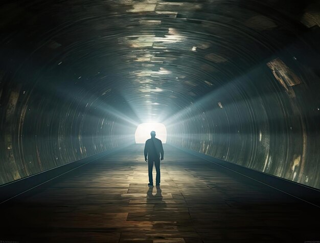 un hombre caminando hacia la luz en el túnel en el estilo de la imagen u