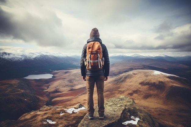 Hombre caminando por las montañas