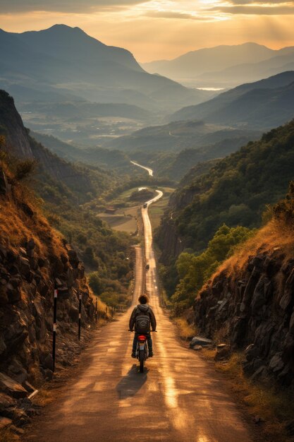 Foto hombre caminando en motocicleta por el camino de montaña generativo ia