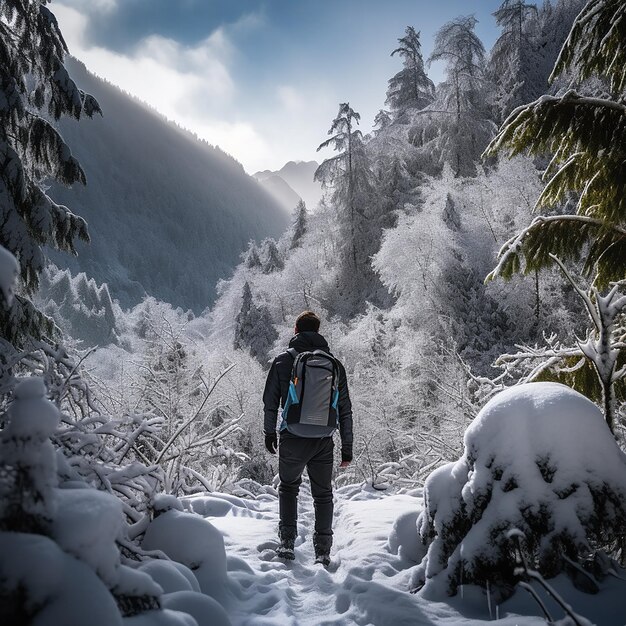 Foto el hombre está caminando en la nieve