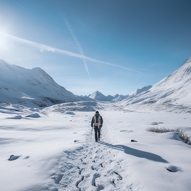 Foto el hombre está caminando en la nieve