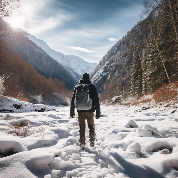 Foto el hombre está caminando en la nieve