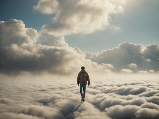 Hombre caminando en las nubes