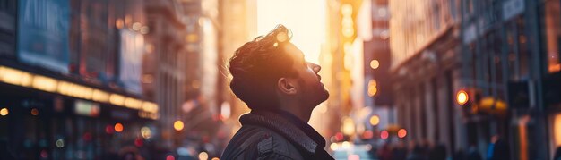 Hombre caminando por el paisaje urbano al atardecer Estilo de vida y concepto de vida en la ciudad Ambición y carrera