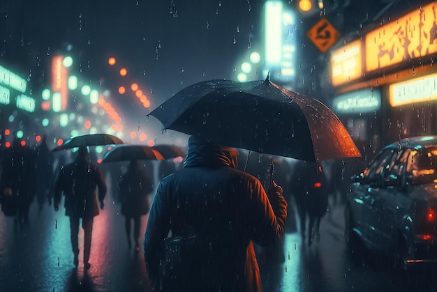 Hombre caminando con paraguas noche lluviosa calles luces de neón ai generativo