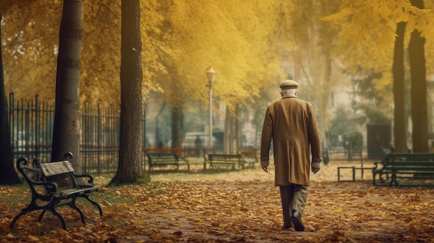 Un hombre caminando en un parque con un perro en el suelo.