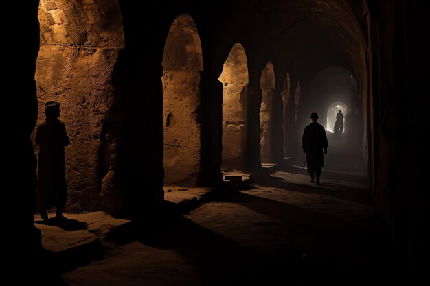 Foto un hombre caminando en un pasillo oscuro con arcos