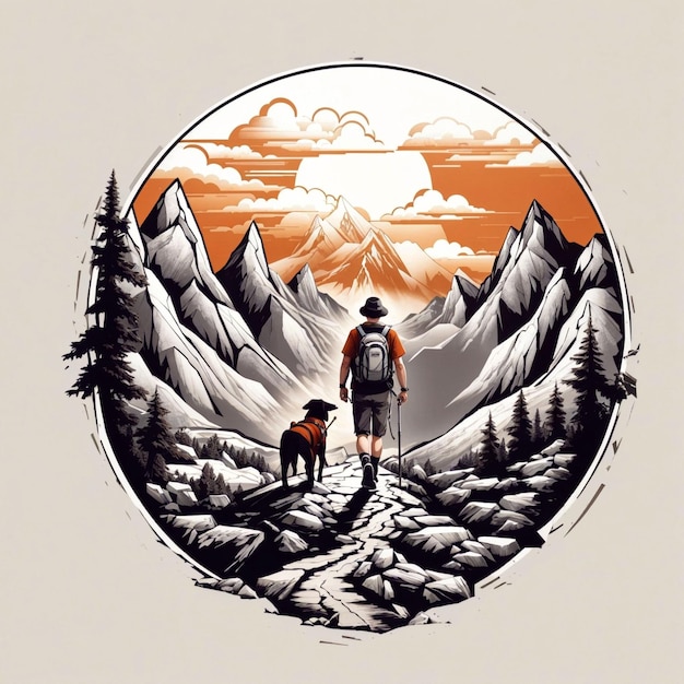 Foto hombre caminando con un perro por un sendero a través de las montañas diseño de camiseta