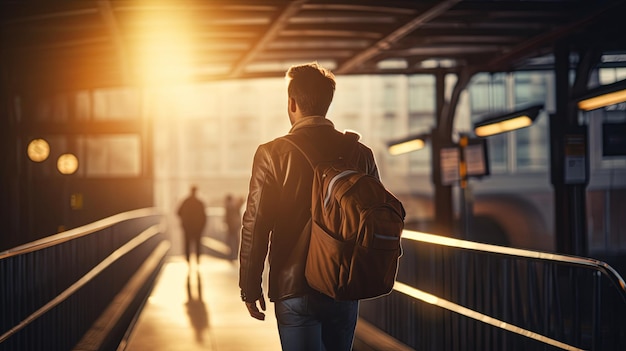 Hombre caminando por la plataforma del tren con una mochila