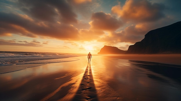 Foto hombre caminando por una playa de arena en la puesta de sol