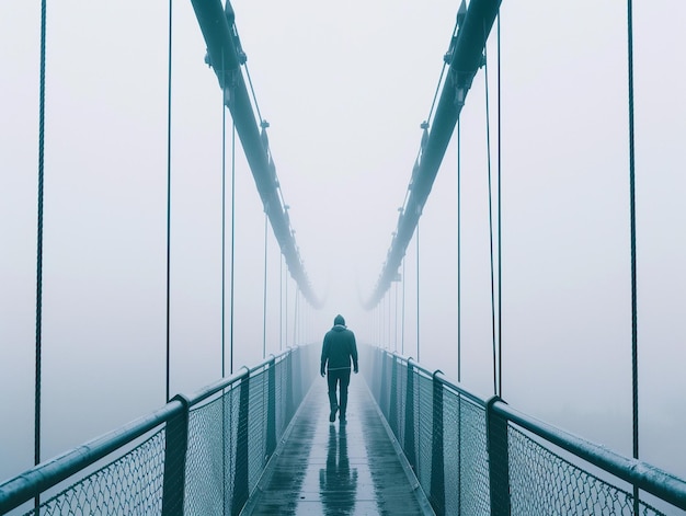 Hombre caminando por un puente colgante en la niebla