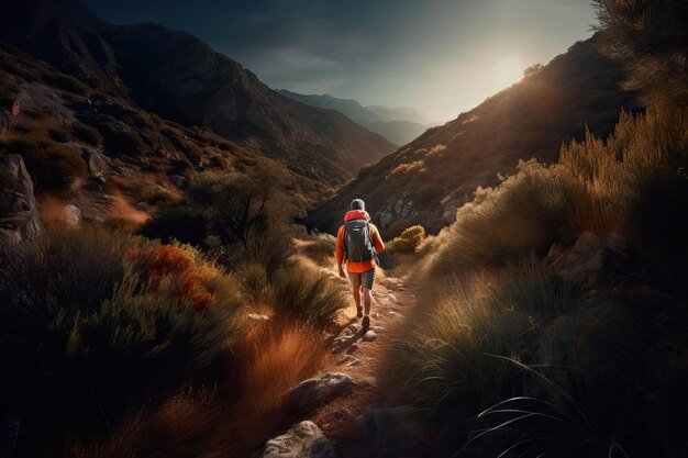 Hombre caminando rodeado de montañas