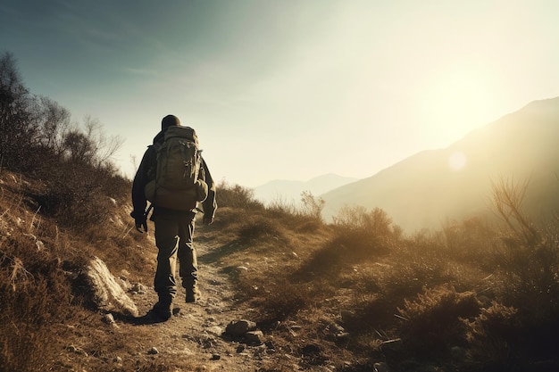 Un hombre caminando por un sendero de montaña con una mochila encima